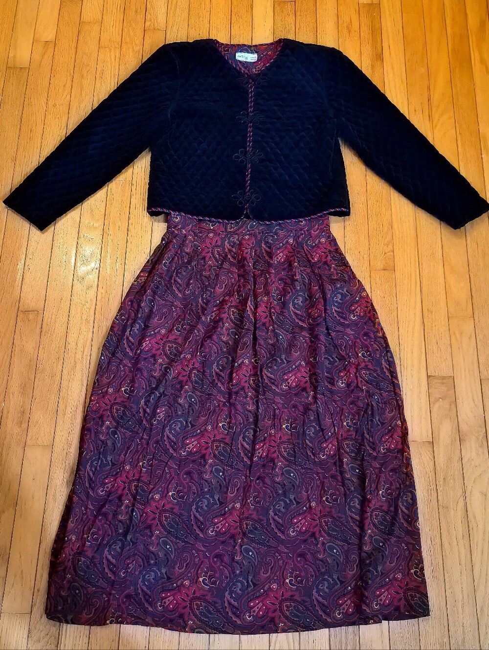 Vintage Lanz Quilted Black Velvet Chinese Frog Closure Jacket & Paisley Skirt